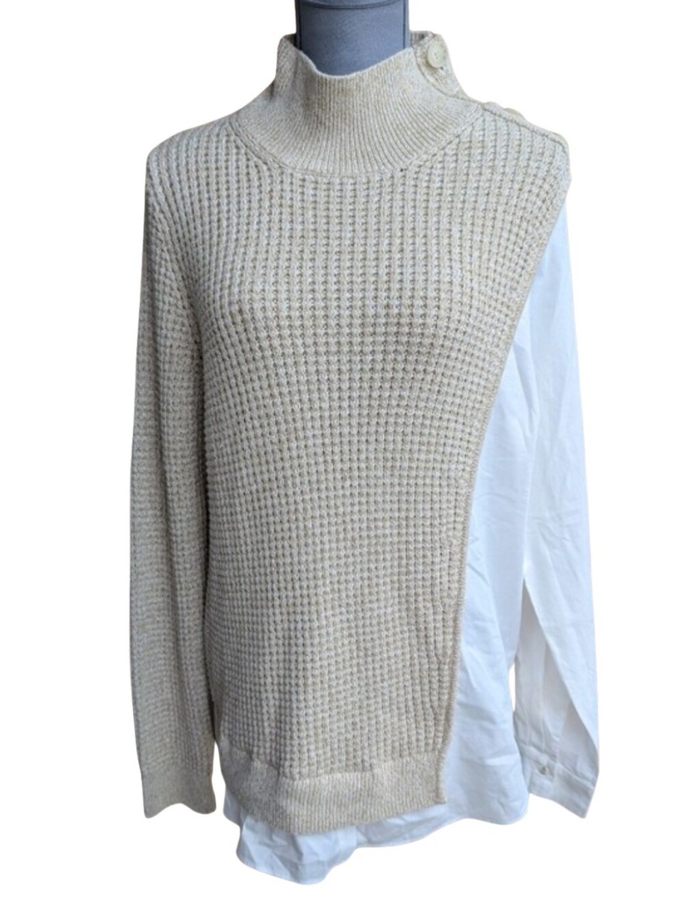 Naadam Cotton Cashmere Mixed Media Button Shoulder Sweater Shirt M Oatmeal Luxe